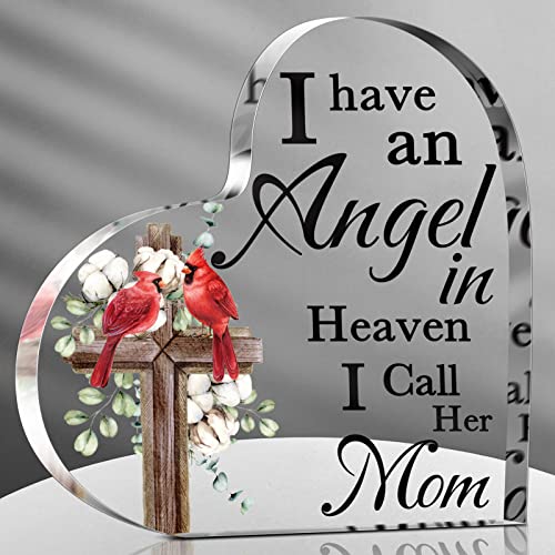 Karenhi 4 Inch Red Cardinal Memorial Gift Loss of Mom | Sympathy Bereavement for Memory of Mother, Angel in Heaven Acrylic Table Decor with Wooden Cross Design, Home Display - size: 4 Inch, style: Cross