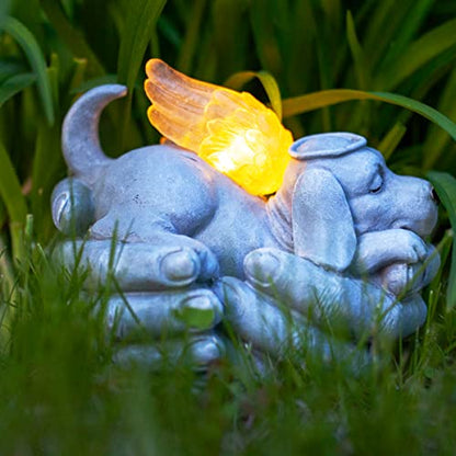 Exhart Dog Statue, Solar Cradled Pet Memorial Garden Sculpture, LED Light Angel Wings, Outdoor Garden Decoration, 8 x 5 Inch