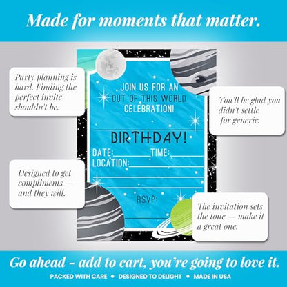 Space Invites – Outer Space Birthday Invitations for Kids, 20 5x7 Fill In Cards with Twenty White Envelopes for Your Outer Space Birthday by AmandaCreation - style: Space Invites