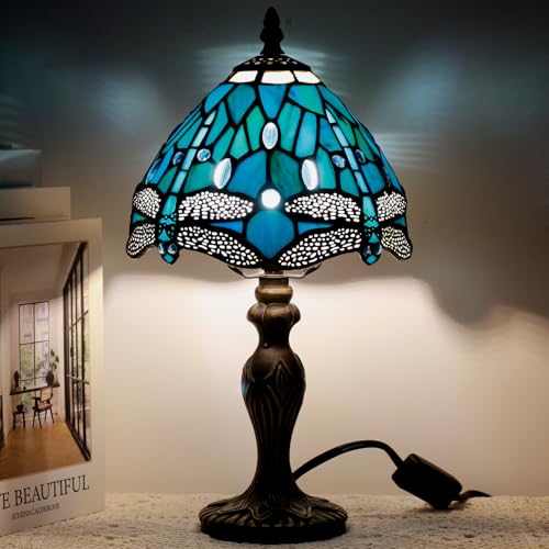 Small Tiffany Stained Glass Table Lamp,Green Dragonfly | Mini Desk Accent Light, Bedroom Bedside Reading, Antique Style Decor, 8X15 Inches - color: Green Dragonfly