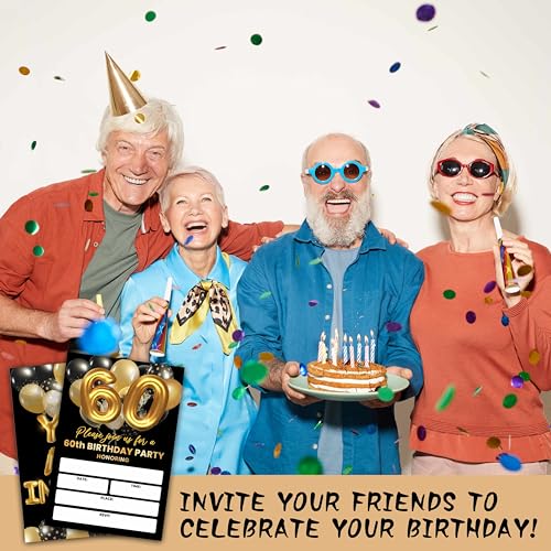 60th Birthday Invitations, Black and Gold Birthday Party Invitations, Gold Balloon Birthday Party Fill In Invitation Cards, Birthday Party Favor Supplies (20 Invites With 20 Envelopes) -60th - style: 60th