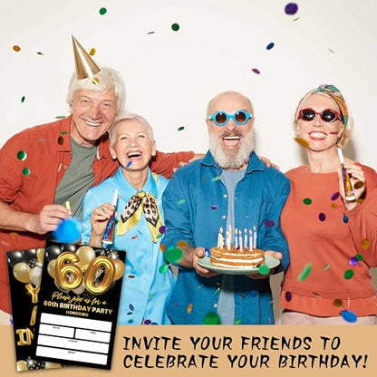 60th Birthday Invitations, Black and Gold Birthday Party Invitations, Gold Balloon Birthday Party Fill In Invitation Cards, Birthday Party Favor Supplies (20 Invites With 20 Envelopes) -60th - style: 60th