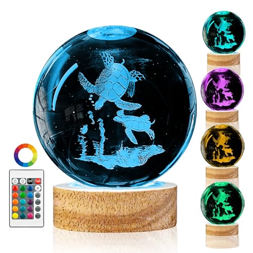 3D Sea Turtle Crystal Ball Night Light with 16 Color LED Wooden Base, Large 3.15 Inch Sea Turtle Glass Ball Lamps with Remote Cool Birthday Christmas Turtle Decor Gifts for Boys Girls Friends - color: Sea Turtle