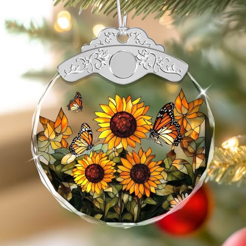Glass Ornament - Sunflowers - Floral Ornaments for Home Decor - Sunflower with Butterflies Crystal Hanging Décor Mother's Day for Mom Dad Grandparents - color: Sunflowers