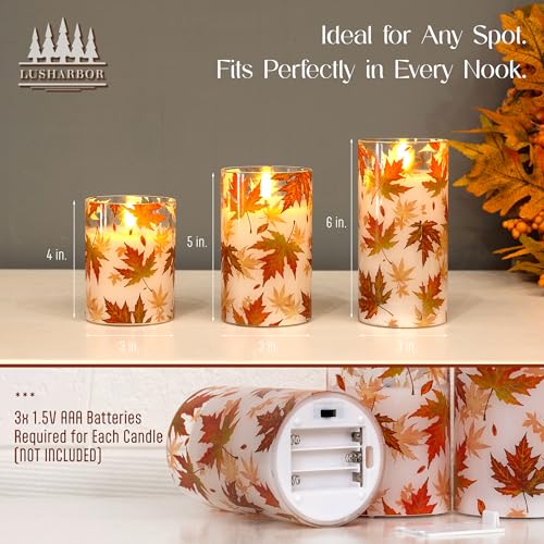Fall Flameless Candles with Remote, Autumn Maple Leaf Battery Candles | Set of 3 LED Glass Candles with Timer Battery Powered Pillar Candles Thanksgiving Decor Electric Fake Candles Mantel - color: Maple-Glass