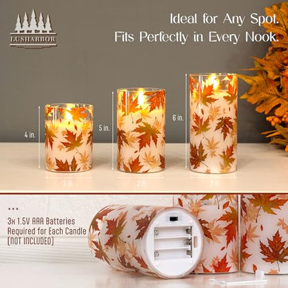 Fall Flameless Candles with Remote, Autumn Maple Leaf Battery Candles | Set of 3 LED Glass Candles with Timer Battery Powered Pillar Candles Thanksgiving Decor Electric Fake Candles Mantel - color: Maple-Glass