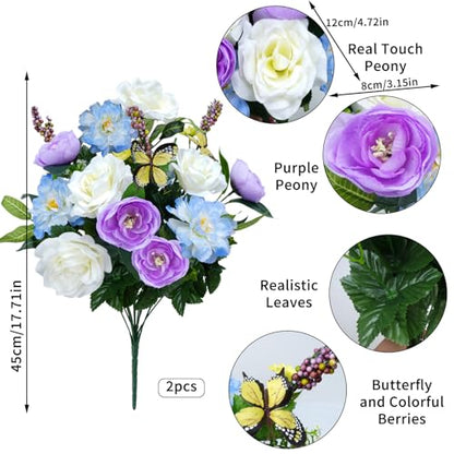 2Pcs Spring Cemetery Flowers for Grave, Artificial Rose, Purple, 17.7in - color: Light Purple White-2pcs