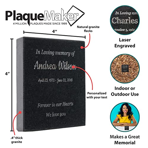 PlaqueMaker Customizable in Loving Memory Granite Garden Stone (4 x 4X .4") | Laser Engraved, Indoor & Outdoor Use, Personalized Text, Black Granite, Memorial Plaque - size: 4 x 4 x 0.4"