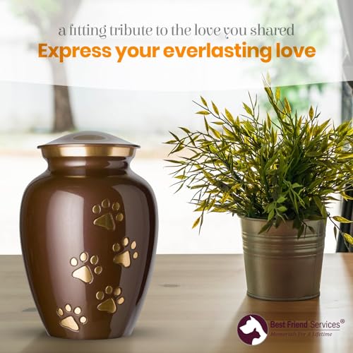 Ottillie Legacy Brown/Brass/Vert Urn, up to 65lbs - color: Harvest Brown, Vertical Brass Paws, size: Medium