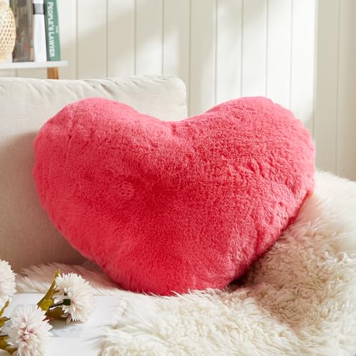EastTree Heart Pillows, Carmine Heart Shaped Pillows, Love Throw Pillows Gifts, Ultra Soft Faux Rabbit Fur Small Cute Pillows, Women Girls Kid Room Decor 10x13 Inch - color: Carmine, size: 10 X 13 inches