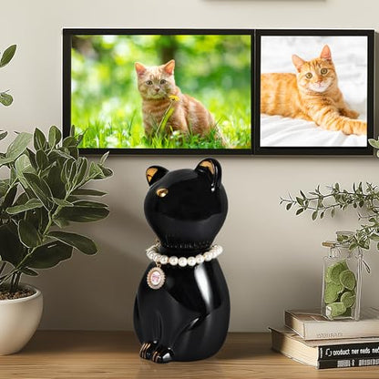 Cat Urns for Ashes, Elegant Ceramics Pets Cremation Keepsake | Funerary Urns Black Pet Urn for Cats Memorial Box with Personalized Necklace (15lbs)