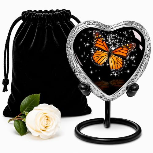 Black Monarch Butterfly Heart Keepsake Urn for Human Ashes – Small Sharing Cremation Urn for Adult Female or Male, Memorial Heart with Stand for Men & Women - color: Black, size: Small Heart