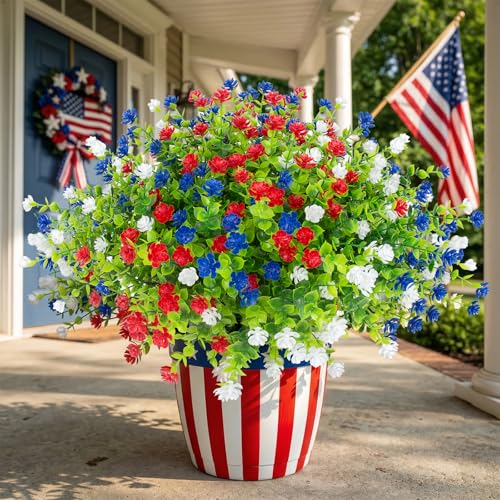 Hananona 12 Pcs Artificial Flowers Outdoor, Faux Artificial Plants UV Resistant Plastic Patriotic Flower Bulk for 4th of July Hanging Planter Porch Window Home Summer Decor 12, Red, White, Blue - color: Red, White, Blue
