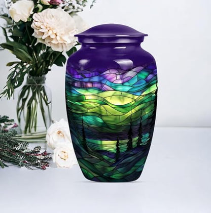 Aurora Borealis Northern Lights Cremation Urn - Urns for Human Ashes Adult | Mother, Dad, Female, Male - Funeral Urn - 10 Inch Metal Polished Ash Holder - Adult Urns for Human Ashes Men - Outdoor Urn - size: #1 (Large Size)