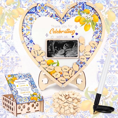 Chunful Hearts Guest Book Alternative with 100 Wooden Hearts Chips Box and Pen Brown Wooden Heart Picture Frame Rustic Guest Book Reception for Wedding Baby Shower Birthday Ceremony(Lemon) | Drop Box with Photo Frame and Pen, Rustic Decor for Reception or