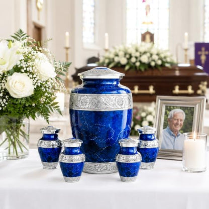 Blue Marble Cremation Urn Set for Human Ashes – Large Adult Memorial Urn with 4 Keepsake Urns, Family Sharing Urn Set, Tribute of Love and Remembrance - color: Blue