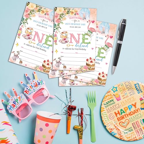 Birthday Invitations - Wonderland 1st Birthday Invites with Envelopes(25-Count) - Floral Garden Fill-in Party Invite Cards for Girls Kids Party Supplies Favors Decorations - A09 - style: Wonderland 1st