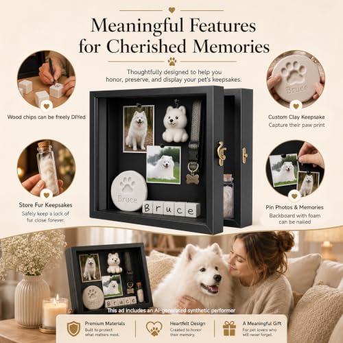 10.6 x 8.7 Inch Pet Memorial Shadow Box for Loss of Dog Cat Memorial Gifts | Frame Paw Print Kit Fur Keepsake for Ashes, Photos and Keepsakes, Memorial Gifts for Loss of Dog Pet Remembrance