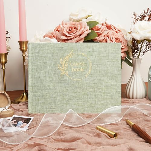 Green Linen Guest Book - Polaroid Photo Guestbook Sign (80 Pages) for Wedding Reception, Baby Shower & Graduation - Guest Sign-in Book - color: Green