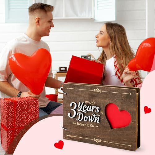 CY2SIDE 3 Years Anniversary Couple Scrapbook - 111PCS 3 Years Down Wooden Photo Album Scrapbook Craft Kit with Heart Puzzle Brown Paper Sticker and Template for DIY Dating Gift for Him Her - style: 3 Years Couple