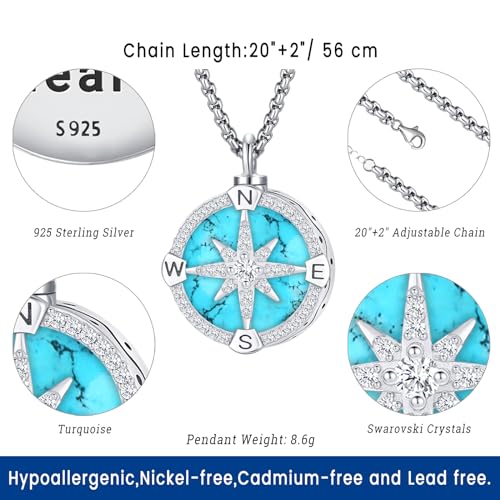 Compass Necklace for Women Men 925 Sterling Silver Pendant Urn Necklaces for Ashes Picture Locket Necklace Anchor Necklace Viking Necklace Crystals CZ Moonstone Abalone Shell Turquoise Compass Jewelry - color: T-C-Compass Urn Necklace, style: Urn Necklace