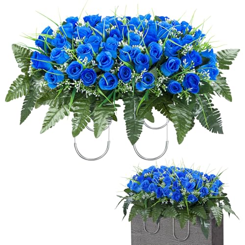 XONOR Artificial Cemetery Tombstone Flowers Saddle, Outdoor Grave Memorial Flowers Saddle for Headstone, Cemetery Decoration (Blue) - color: Blue Saddle