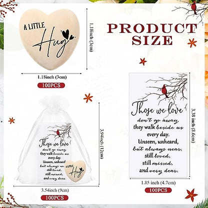Fulmoon 100 Sets Funeral Favors Bulk, Pocket Hug Wooden Heart Token with Red Cardinal Greeting Cards and Organza Bags Memorial Day Gifts for Guests Family Church Celebration of Life Decorations