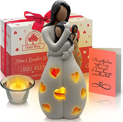OakiWay Mother-Daughter Love Candle Holder Statue with Flickering LED Candle | Hand-Painted (Dark) - Unique Gifts for Mother's Day, Christmas, Birthday | Greeting Card Included - color: Mom & Daughter (Dark)