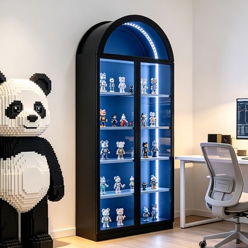 Wildhome Wooden Curio Cabinet with Acrylic Glass Door,77" Tall Arch Display Cabinet & Perfume Organizer with LED Light,Showcase for Collections,Perfume,Vinyl Albums,Bookcase - color: Black