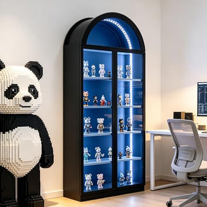 Wildhome Wooden Curio Cabinet with Acrylic Glass Door,77" Tall Arch Display Cabinet & Perfume Organizer with LED Light,Showcase for Collections,Perfume,Vinyl Albums,Bookcase - color: Black