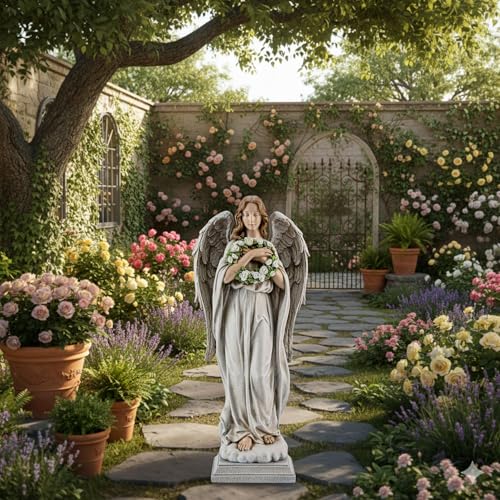 Garden Angel with Flower Wreath Statue - 16" Outdoor Memorial Angel Decor