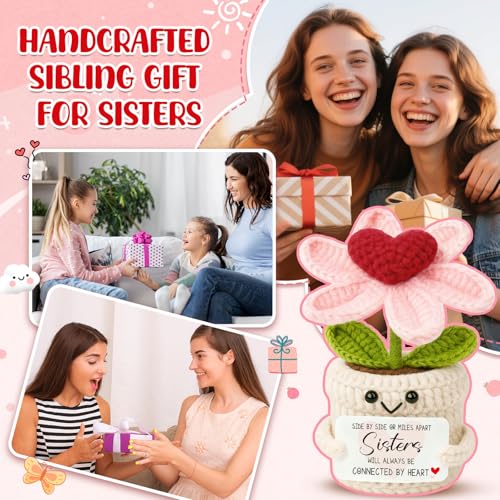 Good Bye Gifts for Women Sisters - Crochet Heart Flower Plant - Birthday Gifts for Sis Soul Sissies BFF Bestie Best Friends Work Sister - Long Distance Relationship Keepsake - color: Sisters1