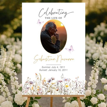 Personalized Celebration of Life Welcome Sign with Photo, Obituary Welcome Sign with Name and Date, Celebrating a Beautiful Life Butterfly Flower Tribute, Butterfly Flower Remembrance Decor, Custom Funeral Welcome Sign (Edition 6) - color: Edition 6