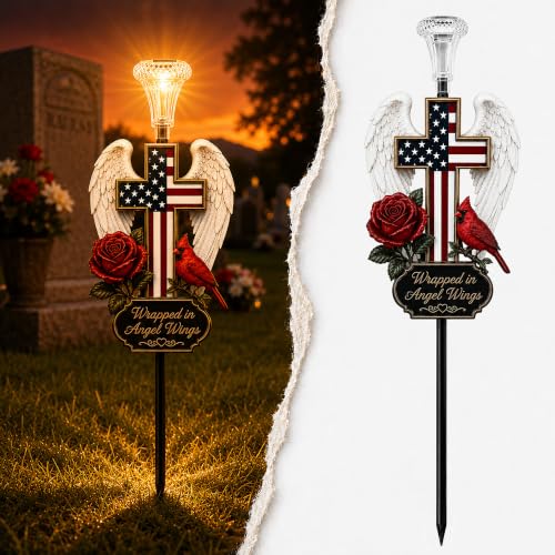 Solar Angel Memorial Decorations for Cemetery - Grave Decor LED Lights - color: Angel Wings Flag Cardinal