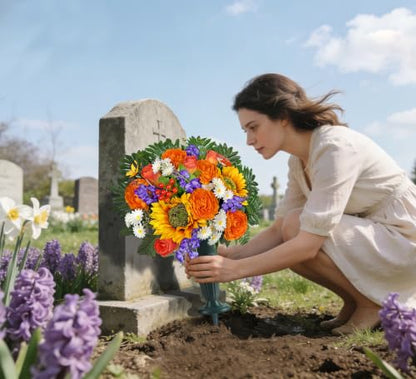 Artificial Cemetery Flowers for Grave Vase - Gravesite Flowers,Fade-Proof Headstone Decorations with Sunflower Rose Lavender Mix Bouquet