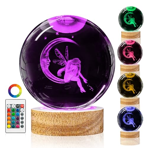 3D Moon Fairy Crystal Ball Night Light with Remote Upgraded 3.15 In Fairy Moon Figurine Glass Ball Lamp with 16 Color Wooden LED Base Elegant Fairy Room Table Decor Gifts for Kid Teens Women - color: Moon Fairy