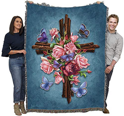 Pure Country Weavers Butterfly Cross Blanket by Brigid Ashwood - Sympathy Bereavement Gift Tapestry Throw Woven from Cotton - Made in the USA (72x54) - color: Butterfly Cross, size: 72" x 54"