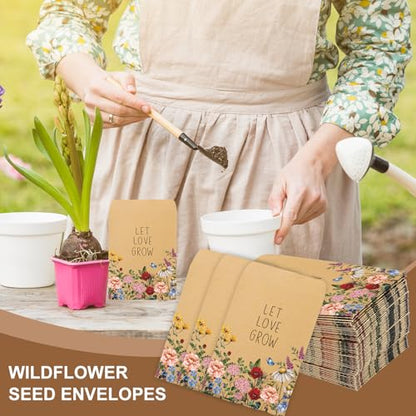 FYSUIMU 50Pcs Wildflower Seed Packets Let Love Grow Self-Adhesive Kraft Envelopes Rustic Floral Seed Storage Pockets for Garden Office Party Favors Supplies, 3.15 x 2.4 Inch