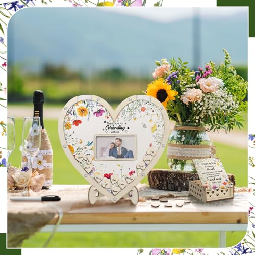 Chunful Hearts Guest Book Alternative with 100 Wooden Hearts Chips Box and Pen Brown Wooden Heart Picture Frame Rustic Guest Book Reception for Wedding Baby Shower Birthday Ceremony(Wildflower) | Drop Box with Photo Frame and Pen, Rustic Decor for Recepti