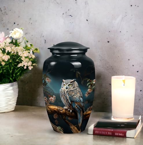 Owl Urn - Burial Urns for Adult Human Ashes - Urn with Flowers - Urns for Human Ashes Adult Female - Large Decorative Urn - Urns for Women Human Ashes - Funeral Ashes Container (Size -10Inch)