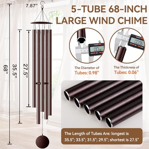 68” Large Wind Chimes for Outside Deep Tone, Bronze WindChimes for Women Mom Grandma, Memorial Sympathy Wind Chime for Loss of Loved One - size: Bronze-68 Inch-5 Tubes