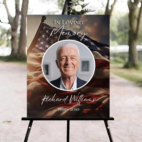 American Flag Celebration of Life Welcome Sign, Funeral Welcome Sign, in Loving Memory Sign, Celebration of Life Funeral Sign, Celebration of Life Sign, Military Memorial Sign with Photo #Ki1 - color: Version #1