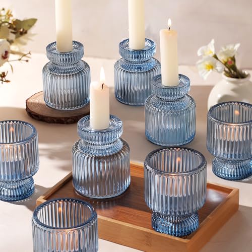 DARJEN 12 Pcs Glass Candlestick Holders- Blue Taper Candlestick Holders Tealight Votive Candle Holders for Table Centerpieces, Wedding, Dinner Party, Home Decor - color: Blue, size: 12Pcs