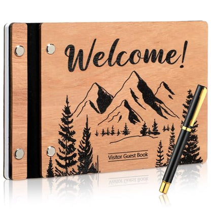 Skyygemm Rustic Vacation Rental Guest Book with Pen, Wooden Scrapbook - style: Visitor