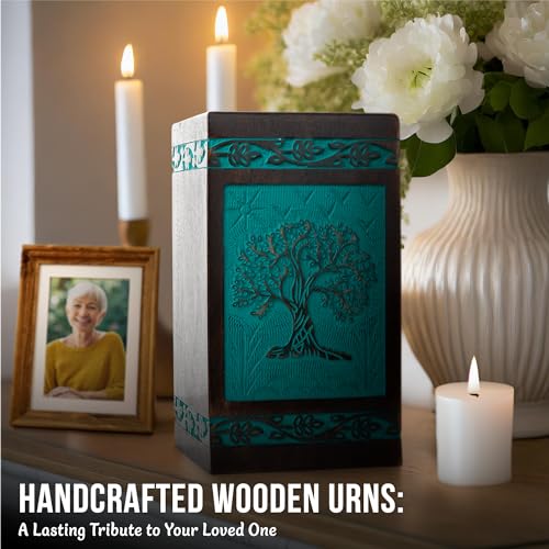 Tree of Life Wooden Urn for Human Ashes, Medium 115 cu in, Teal Green - color: Teal Green, size: Medium (115 cu in)