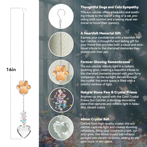Dog Memorial Gifts, Pet Memorial Suncatcher, Loss of Dog Sympathy Gift | Thoughtful Dogs and Cats Bereavement Remembrance Gifts, Natural Cat's Eye Stone Paw Crystal Suncatcher - color: Orange Red