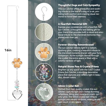 Dog Memorial Gifts, Pet Memorial Suncatcher, Loss of Dog Sympathy Gift | Thoughtful Dogs and Cats Bereavement Remembrance Gifts, Natural Cat's Eye Stone Paw Crystal Suncatcher - color: Orange Red