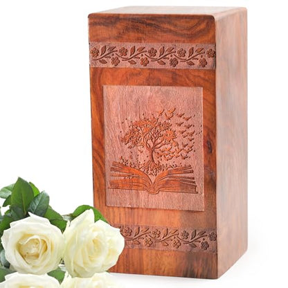 Tree Emerging from Book Wooden Cremains Ashes Box - Large Urn for Ashes Adult Male - Dad Urn for Ashes - Memorial - Respectful Tribute - Memorial Gifts - Funeral Urns - 14 Inches, Natural