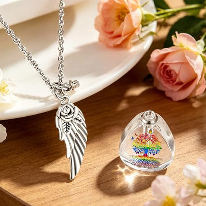 Teardrop Urn Necklace for Ashes, Resin Memorial Pendant with Keepsake | Teardrop Shape, Clear Resin Design, Nature Inspired Artwork, Screw Closure, Holds Ashes, Filling Kit & Box Included - color: Rainbow Tree