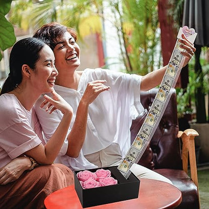 Money Box for Cash Gift Pull, Money Gift Boxes for Cash on Birthday, Christmas, Graduation, Mother's Day, for Husband, Wife, Girlfriend, Mother With Soap Rose Flower and Greeting Cards (Black+Pink) - color: Black+Pink